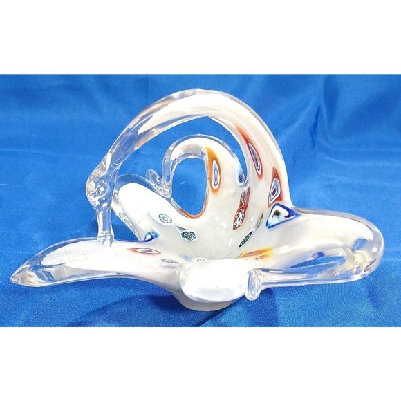 Murano Other - 8" Murano Italy 🦢  Millefiori Art Glass Swan Sculpture Basket Dish Rainb